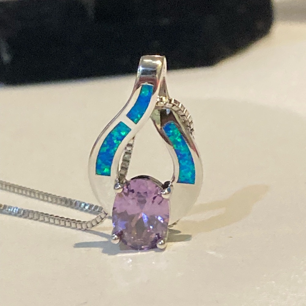Sterling Silver Blue Opal and Purple Stone Pendant Necklace